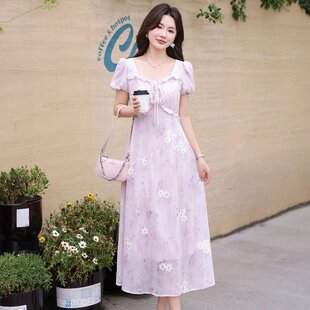 XZCV高腰显瘦连衣裙女夏季温柔甜美短袖刺绣印花微胖海边度假