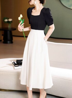 XZCV2024夏李时尚方领收腰显瘦中长裙女气质假两件赫本风裙子