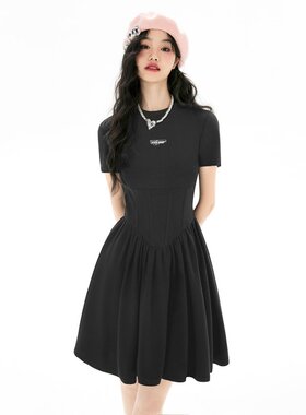 XZCV短袖连衣裙女夏季学院风收腰A字裙纯色打褶大裙摆连衣裙女