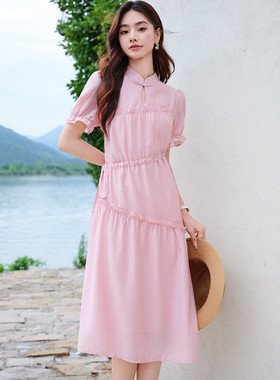xzcv【新中式国风减龄木耳边拼接连衣裙】夏新气质短袖中长裙子