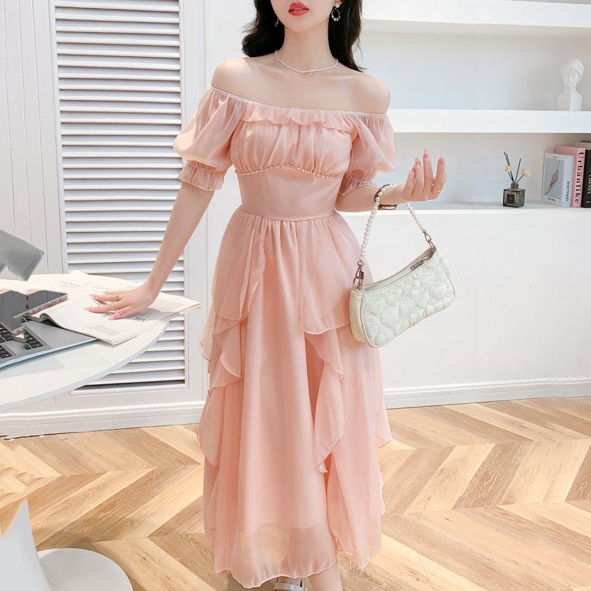 XZCV夏季高级感温柔超仙木耳边钉珠仙女裙连衣裙