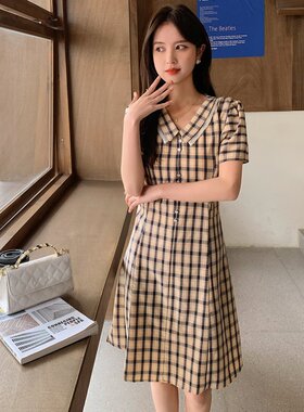xzcv法式文艺清新气质格子连衣裙夏季时尚优雅简约A字裙