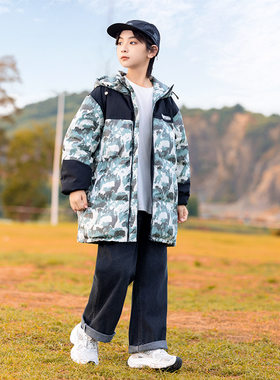 男童学生中长款宽松羽绒服加厚黑绿迷彩外套大童连帽棉袄衣棉服冬