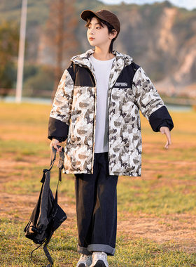 男童学生中长款宽松羽绒服加厚黑绿迷彩外套大童连帽棉袄衣棉服冬
