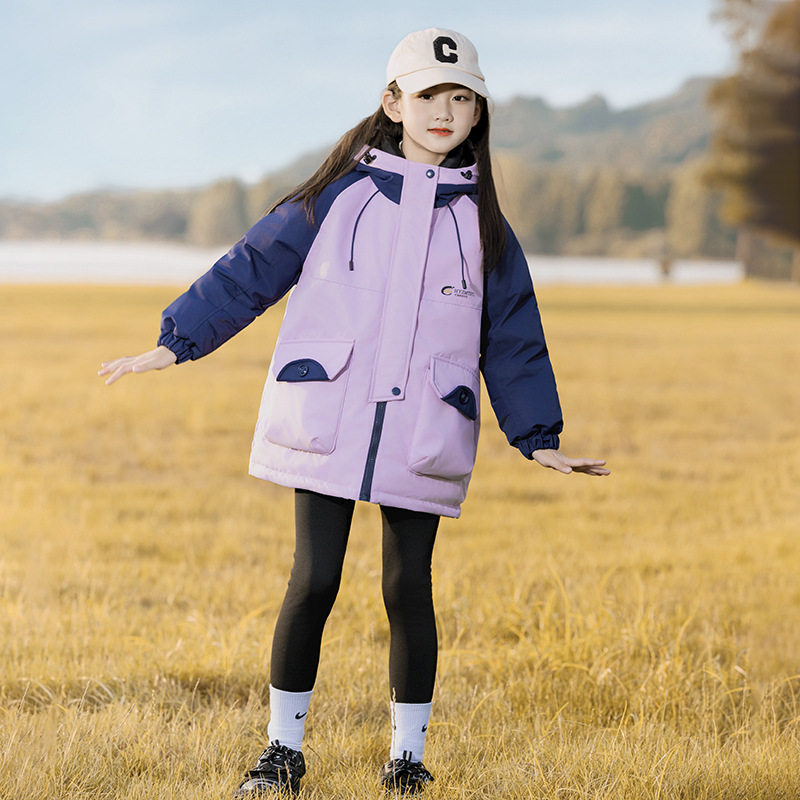 女童公主中长款宽松羽绒服加厚白粉紫色外套大童连帽棉袄衣棉服冬