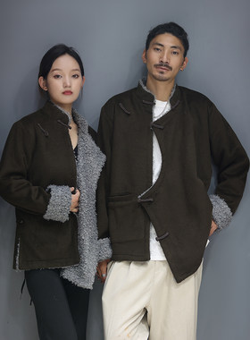 藏式羊绒加厚棉衣男装简单高端大气外套女冬季藏服藏装唐装蒙黑色