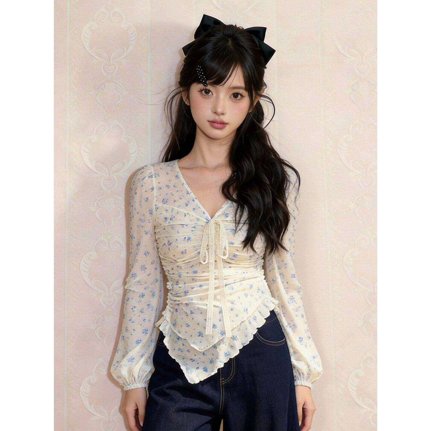 大码胖MM纯欲风碎花蕾丝不规则上衣女春季胖MM独特漂亮显瘦打底衫