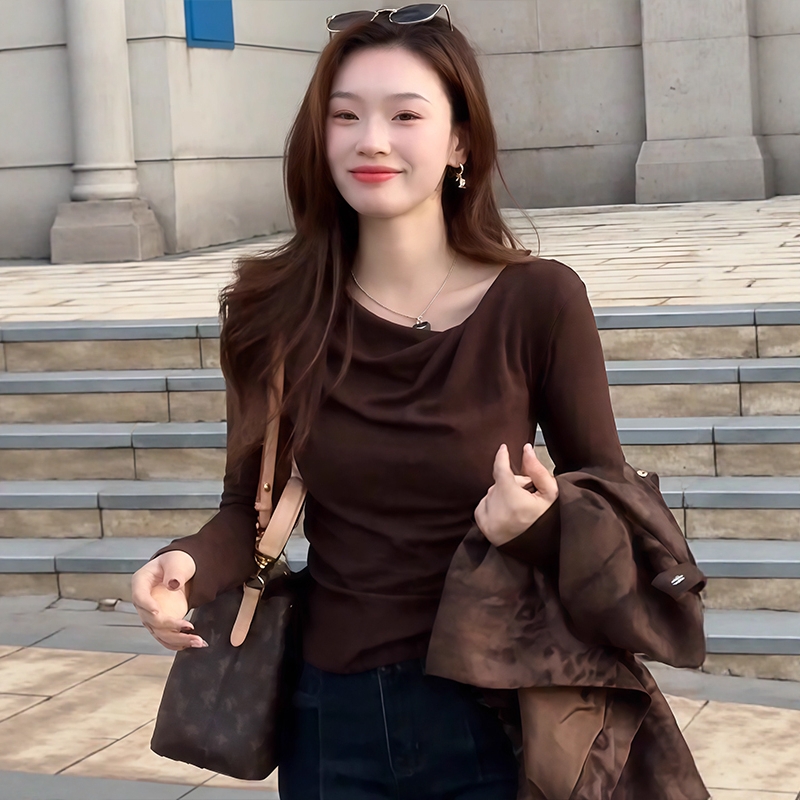 大码胖mm荡领设计感修身打底衫