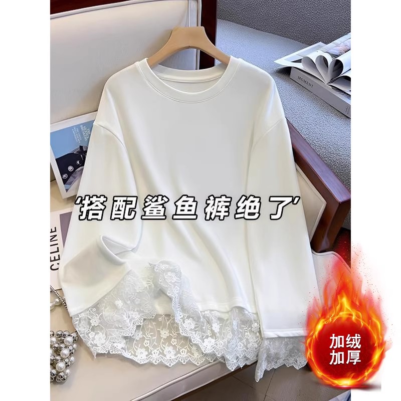 大码蕾丝拼接白色打底衫加绒加厚