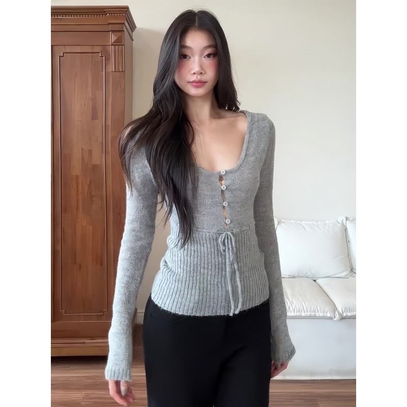 大码女装灰色镂空绑带针织衫