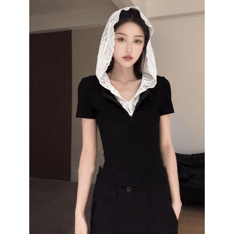 假两件拼接蕾丝连帽正肩v领短袖t恤女夏季修身高级感独特漂亮上衣