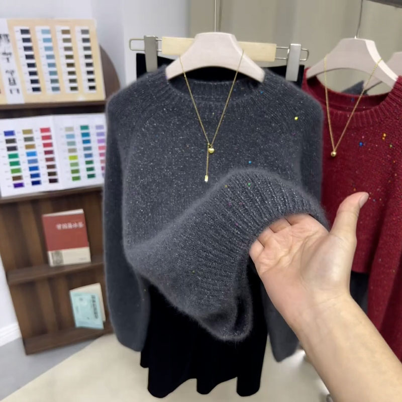 大码灰色亮片针织衫宽松打底毛衣
