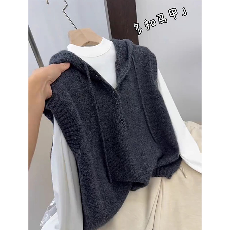 大码老钱风叠穿连帽针织马甲