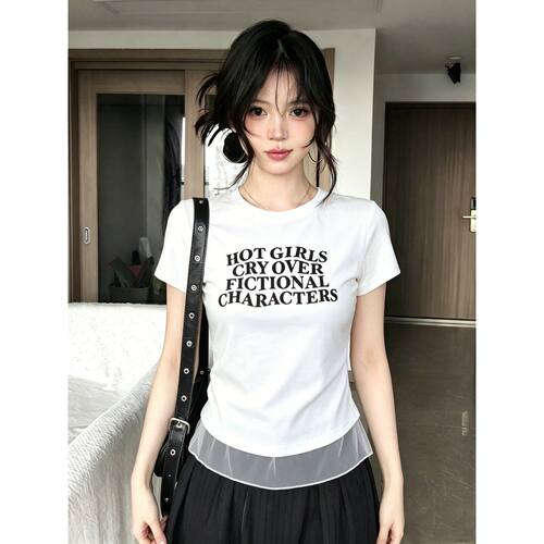 大码通勤白色字母网纱显瘦T恤女