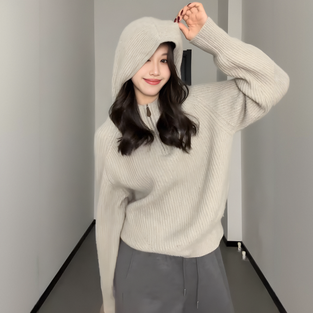 大码慵懒半拉链连帽针织打底毛衣