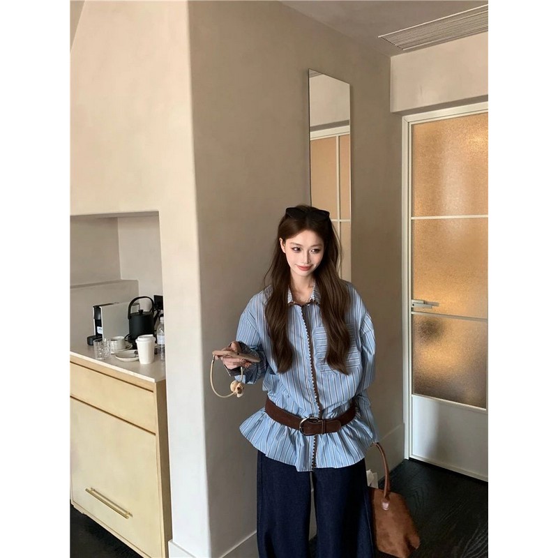 韩系古早条纹翻领衬衫裙女秋季设计感小众收腰不规则裙边下摆衬衣