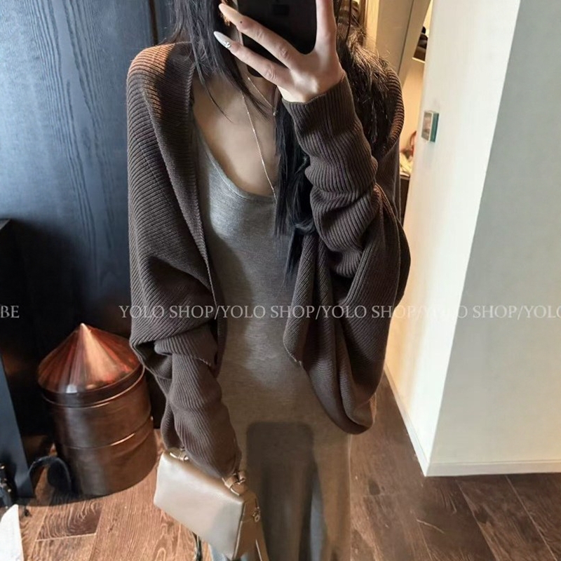 韩系慵懒风蝙蝠袖针织开衫毛衣女早秋大码中长款外搭休闲宽松上衣