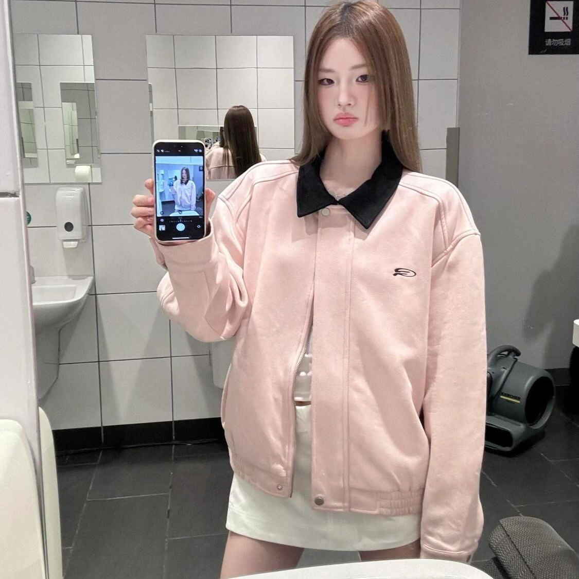 甜美风粉色翻领休闲夹克上衣女早秋小众设计感宽松美式棒球服外套