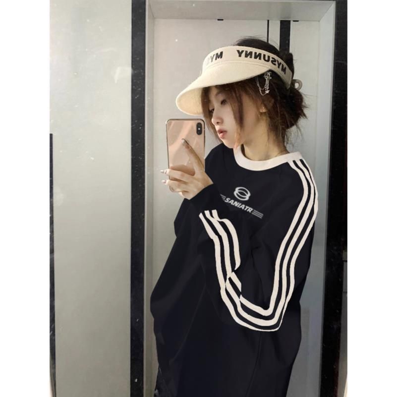 圆领宽松休闲百搭美式高街三条杠oversize正肩女春秋卫衣无帽上衣