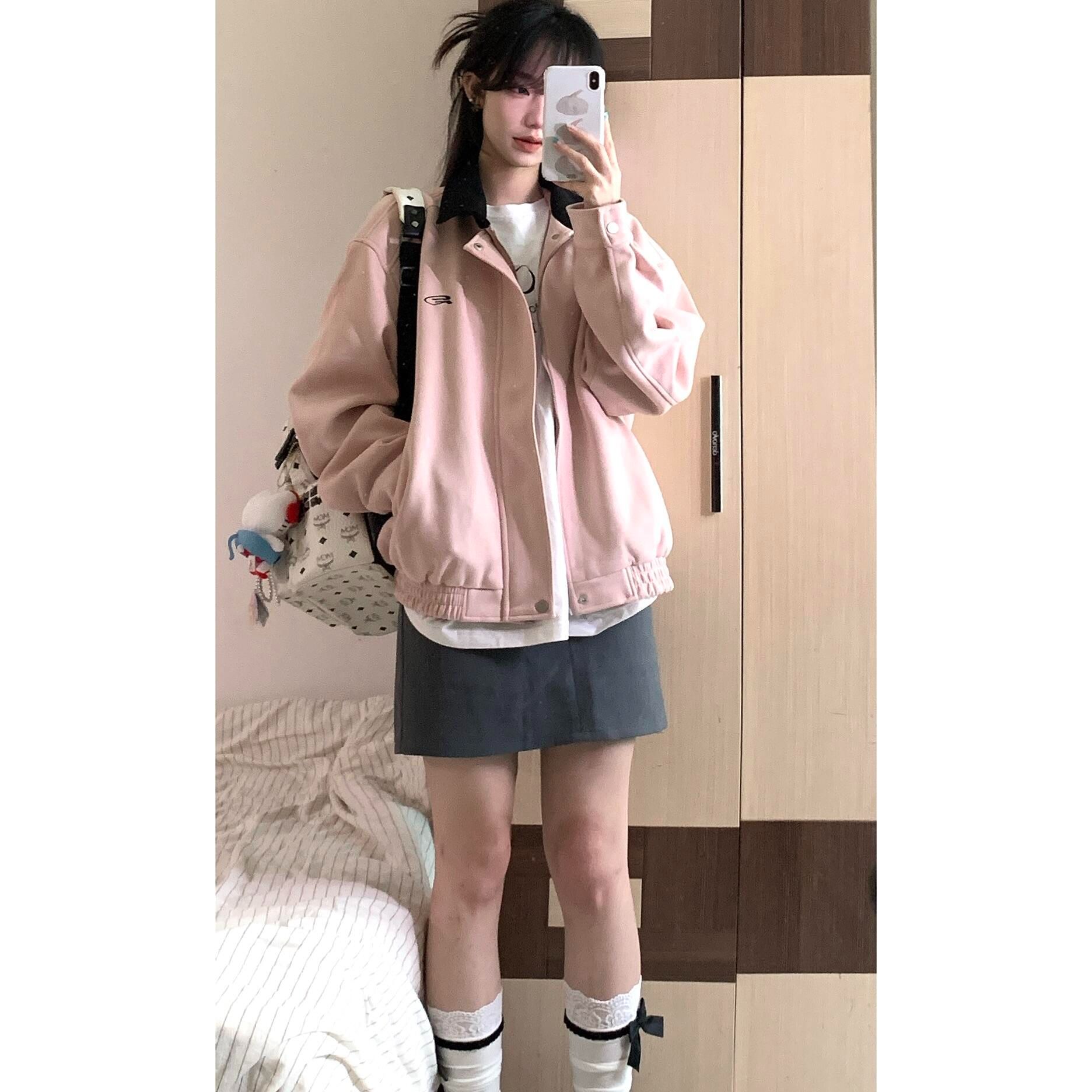 甜美风粉色翻领休闲夹克上衣女早秋小众设计感宽松美式棒球服外套