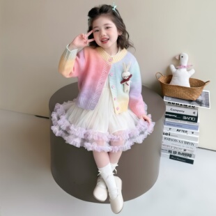 女童连衣裙套装秋季2026新款渐变针织开衫毛衣两件套女孩公主纱裙