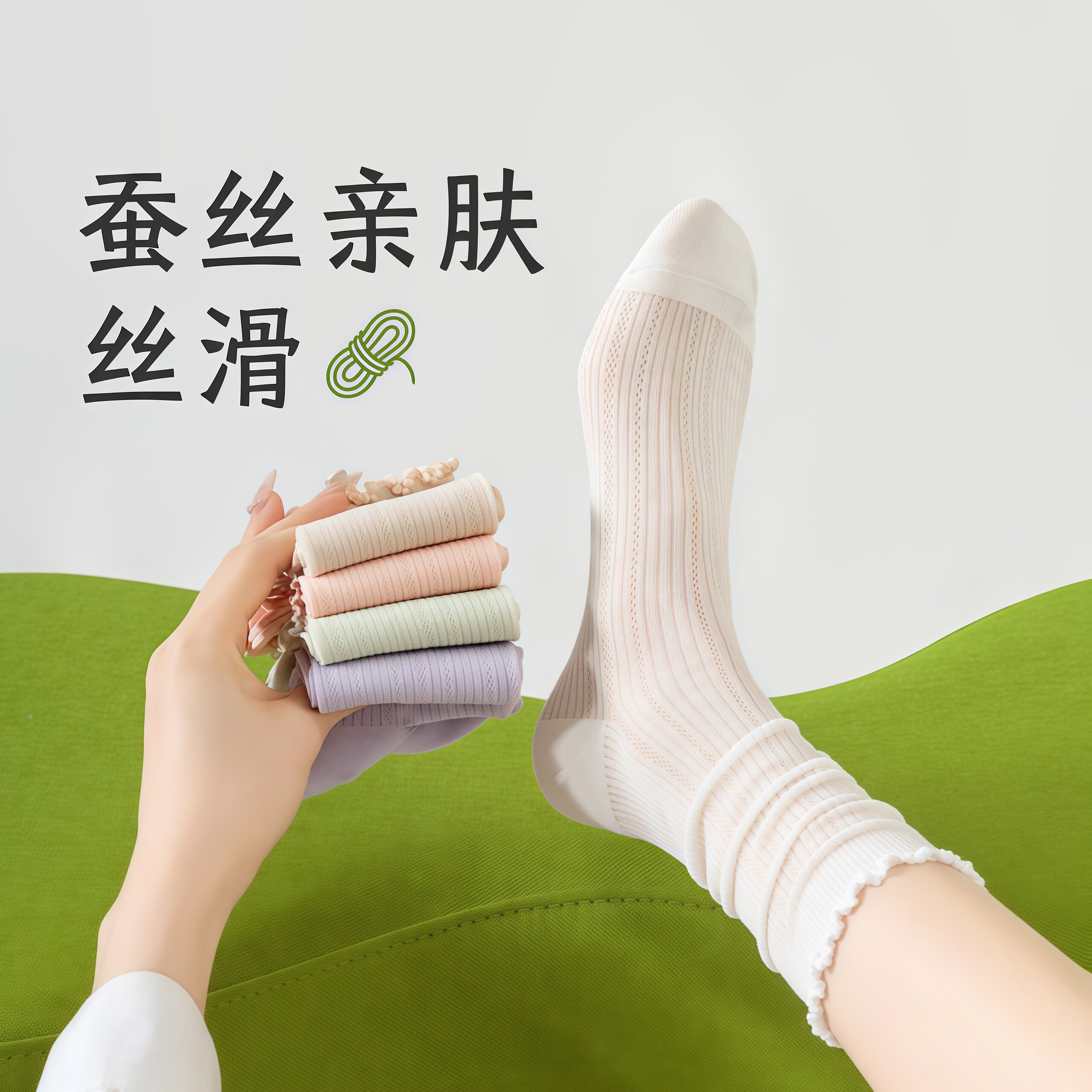 桑蚕丝堆堆袜子女款夏季薄款木耳花边透气镂空中筒袜搭配乐福鞋