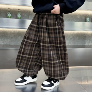 男童毛呢格子裤秋冬2026新款洋气小童加厚宽松哈伦裤儿童保暖长裤