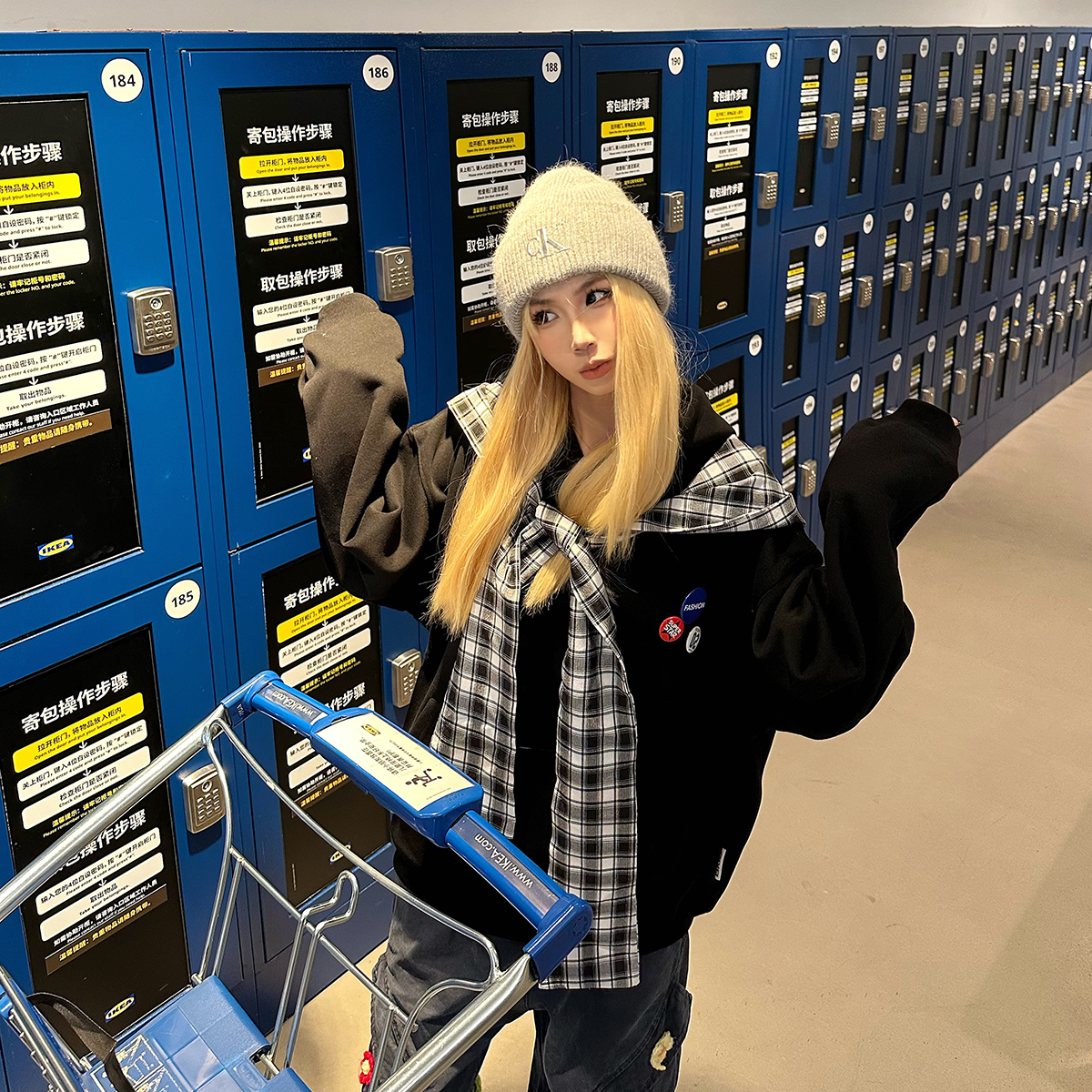 BCRA原创美式格子披肩假两件连帽卫衣男女秋季宽松设计感情侣上衣