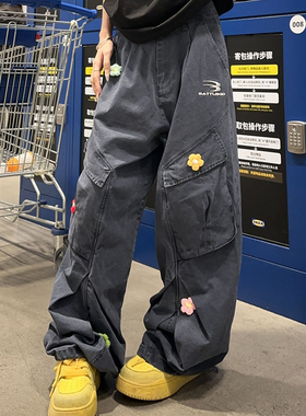 BCRA美式复古多口袋牛仔裤直筒工装裤男女潮牌宽松花朵刺绣伞兵裤