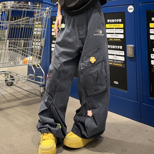 BCRA美式复古多口袋牛仔裤直筒工装裤男女潮牌宽松花朵刺绣伞兵裤