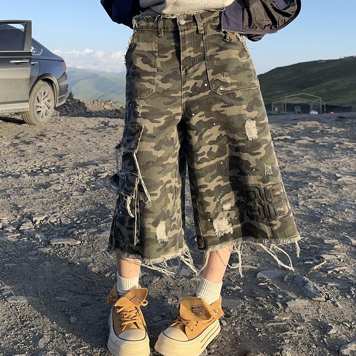 BCRA美式复古毛边迷彩牛仔七分裤男女夏季街头辣妹宽松阔腿短裤潮