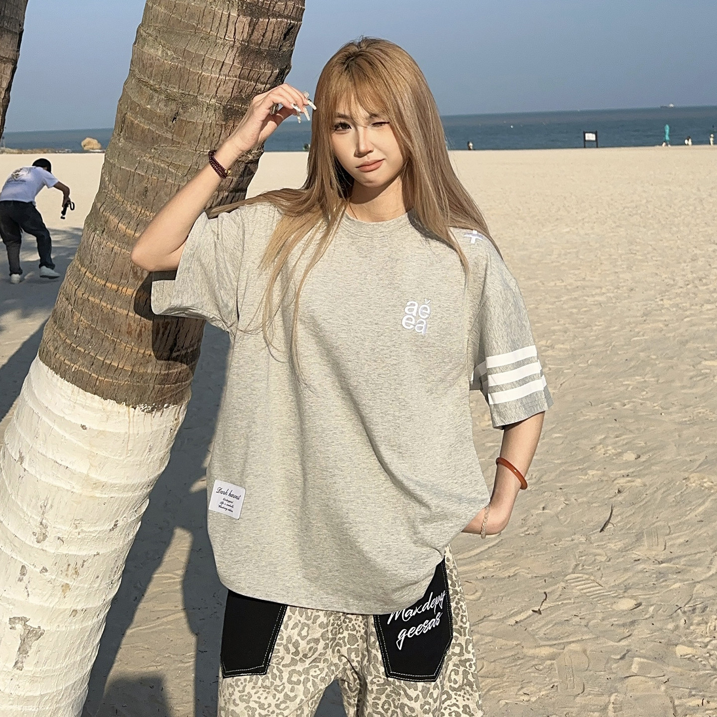 BCRA美式复古条纹字母刺绣短袖男女夏季新款宽松休闲情侣T恤上衣T