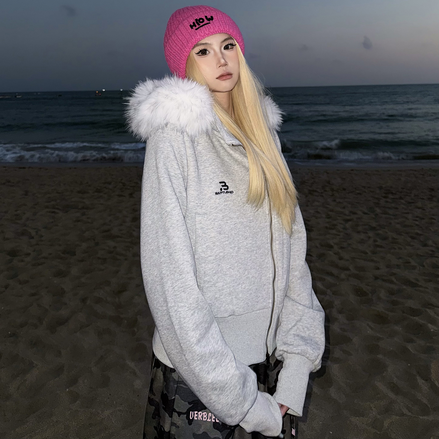 BCRA美式复古辣妹风毛领连帽卫衣女冬季加绒短款修身显瘦开衫外套