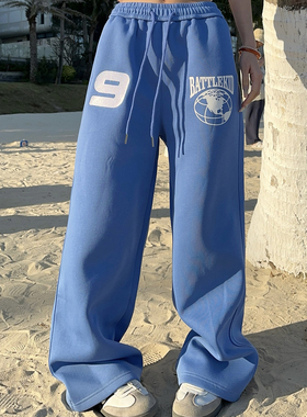 BCRA美式复古刺绣蓝色休闲裤男女春季宽松休闲垂感阔腿直筒卫裤潮