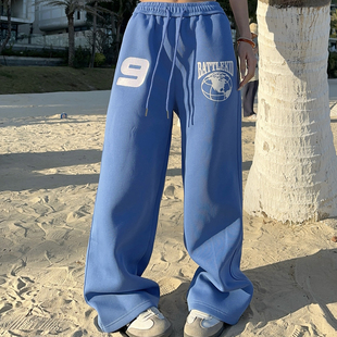 宽松休闲垂感阔腿直筒卫裤 男女春季 潮 复古刺绣蓝色休闲裤 BCRA美式