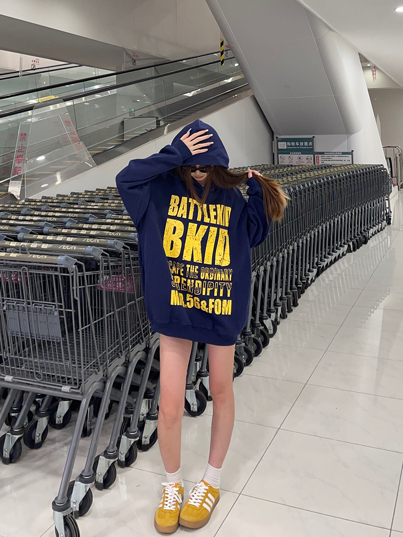 BCRA原创美式复古斑驳字母印花连帽卫衣男女秋冬季宽松情侣上衣潮