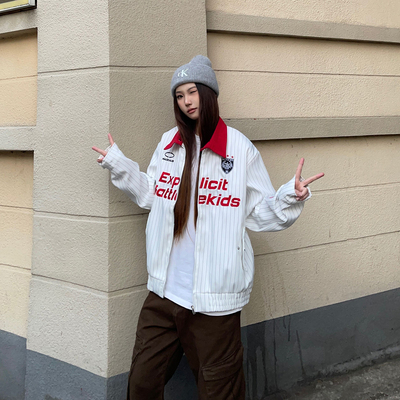 BCRA美式复古条纹字母棒球服外套男女秋冬宽松休闲百搭翻领夹克