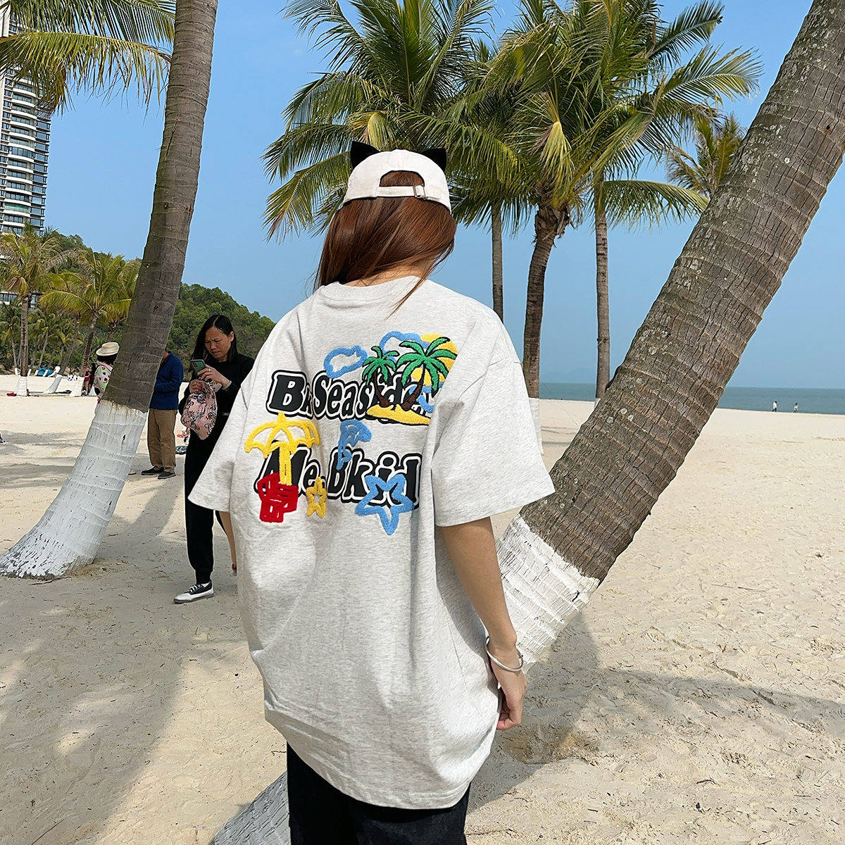 BCRA美式复古字母椰树刺绣短袖T恤男女国潮夏季宽松休闲情侣上衣T