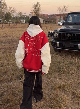 BCRA美式国潮珍珠红色夹克外套男女春秋季宽松高街嘻哈棒球服情侣