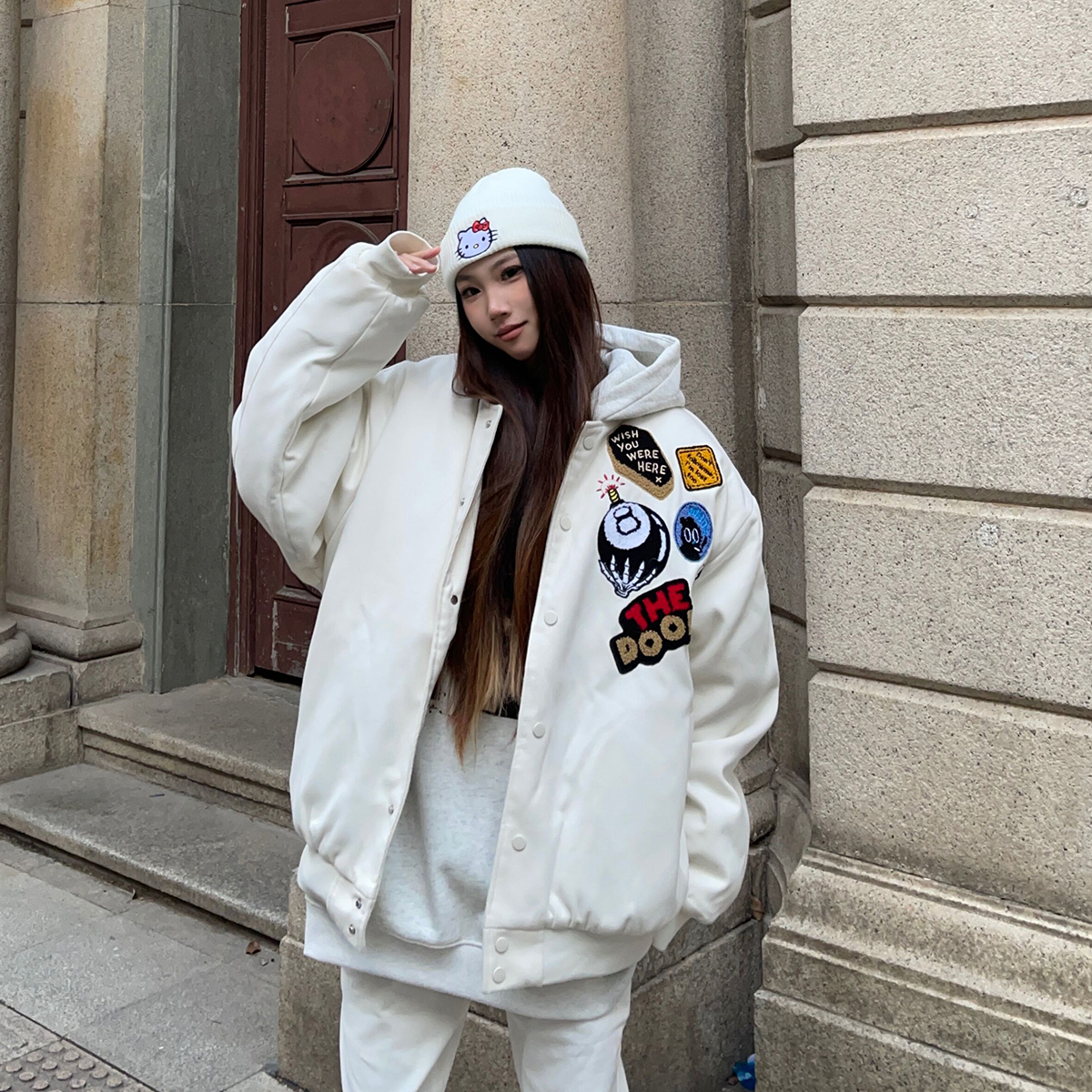 BCRA美式高街黑8毛巾绣棉服男女冬季加厚宽松情侣棒球服夹克外套