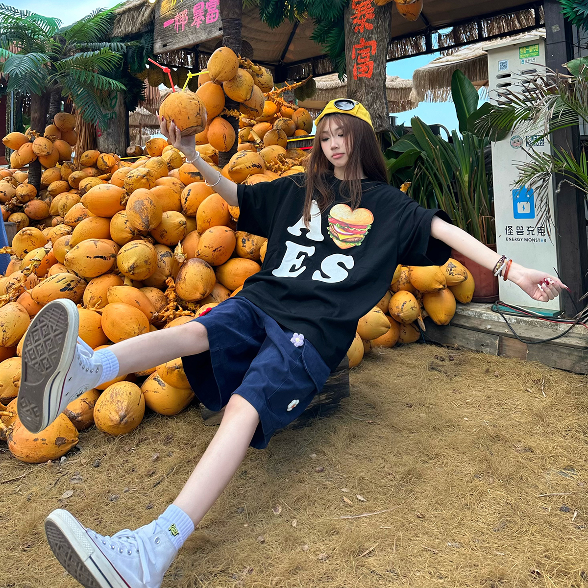 BCRA美式复古爱心汉堡短袖T恤男女夏季宽松休闲百搭情侣半袖上衣T