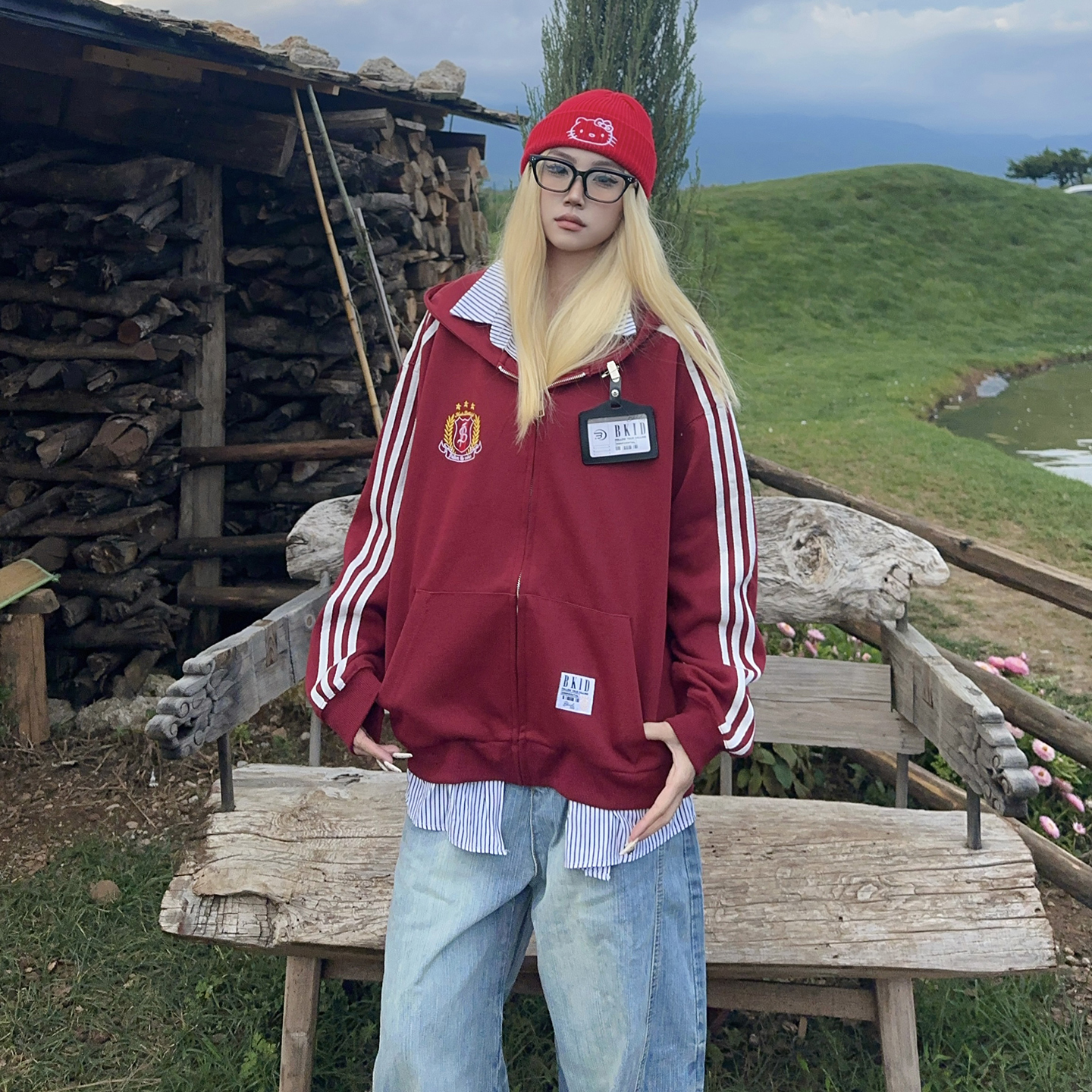 BCRA美式学院风格纹衬衫假两件连帽卫衣男女秋冬宽松休闲开衫外套