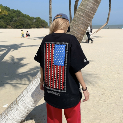 BCRA美式复古旗帜印花短袖T恤男女夏季新款宽松休闲百搭情侣上衣T
