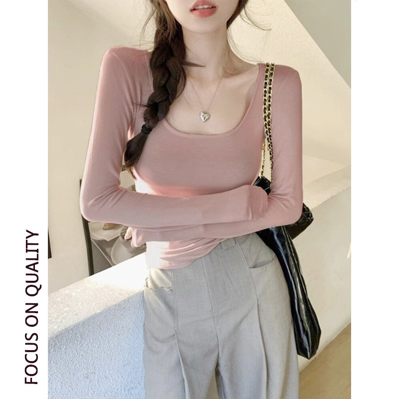 方领打底衫女秋冬2025新款修身内搭瑜伽运动粉色辣妹茶艺纯欲上衣
