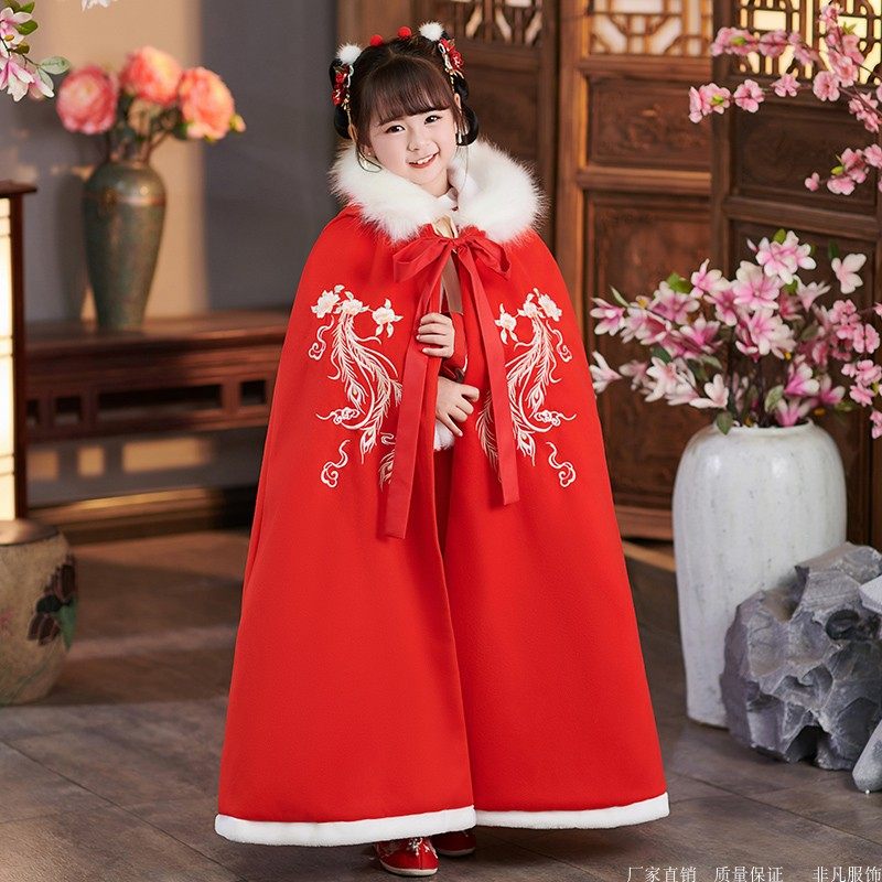 女童汉服披风秋冬季外出防风加绒加厚保暖儿童红色中国风女宝斗篷