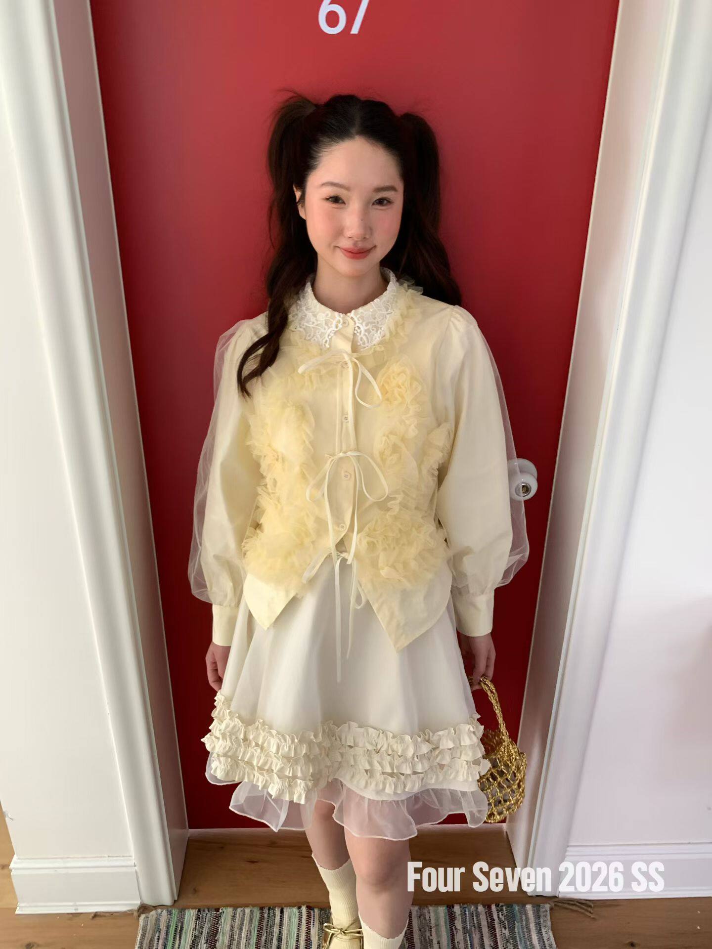 Fourseven十三行蕾丝镂空娃娃领拼接灯笼袖纯棉小衫上衣春季衬衣