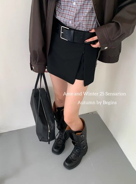 AME25早秋新款高品质显瘦百搭前拉链配皮带西装半身裙A字裙短裙
