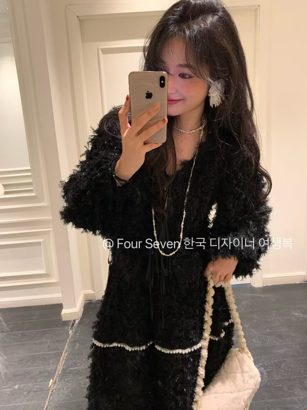 Four seven十三行女春秋富家千金灯笼袖上衣珍珠装饰长裙定制套装