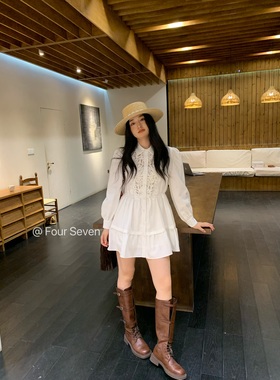 Fourseven2025新重工法式高级设计感小众白色连衣裙中长款衬衫裙