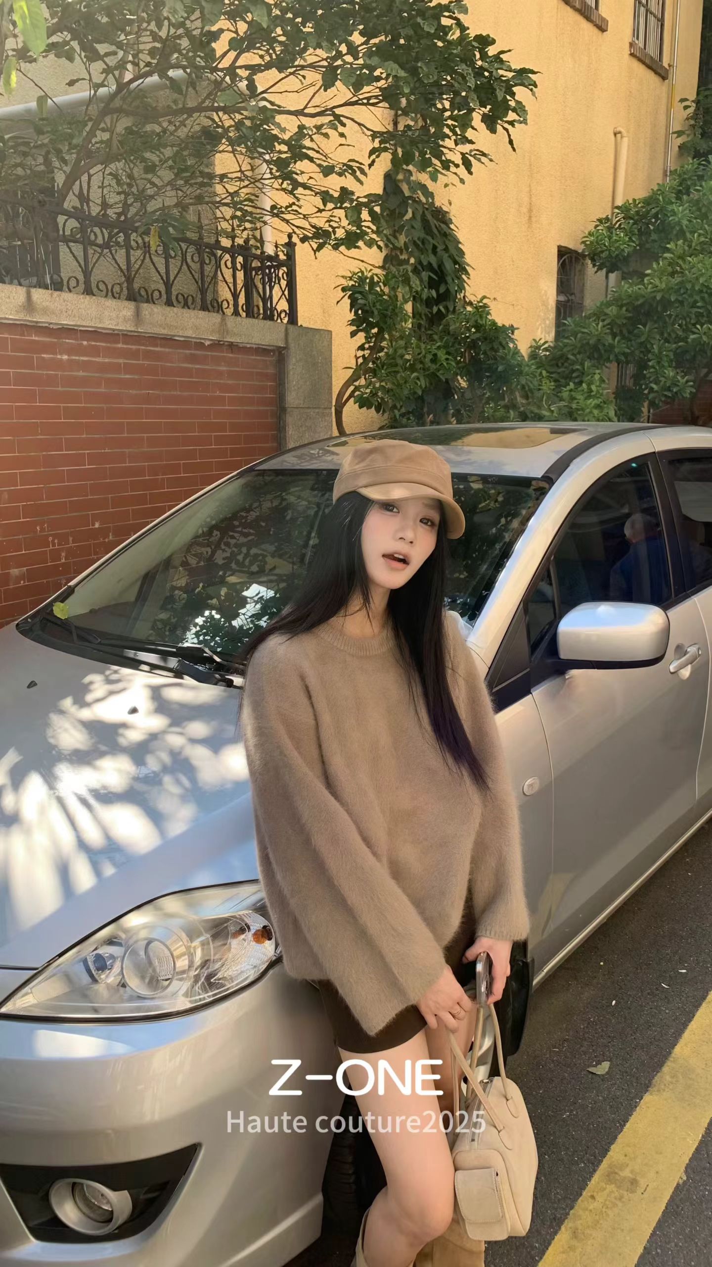 Z-one女装韩系简约高级感软糯糯圆领宽松冬针织毛衣糖果色兔绒毛